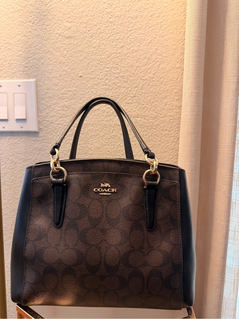 COACH Brown and Black Signature Satchel with Gold Hardware